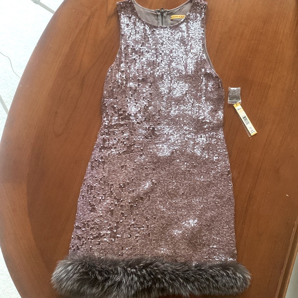 Alice and Olivia sequined dress with fox fur trim